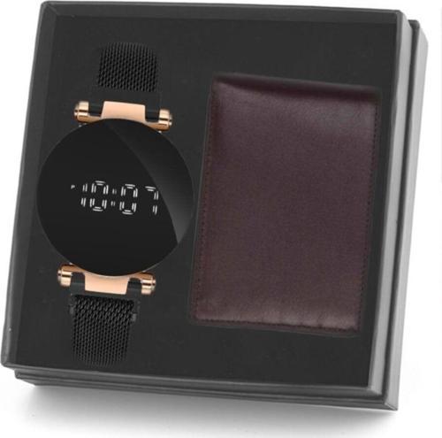 Mıknatıslı Hasır Kordon Dijital Dokunmatik Unisex Kol Saati Ve Deri Cüzdan