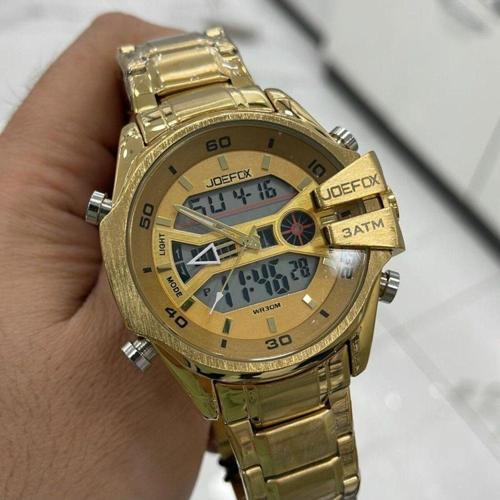 Erkek Kol Saati Dijital Analog Altın Renk Çelik Kordonlu