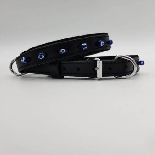 Hakiki Deri Nazar Boncuklu Kedi Ve Köpek Tasması Siyah 38cm X 1,5cm