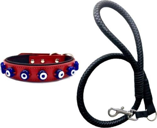 Siyah Deri Örgü Gezdirme Kayışı 90cm Ve Hakiki Deri Nazar Boncuklu Köpek Tasması 56x2,5cm 2li Set