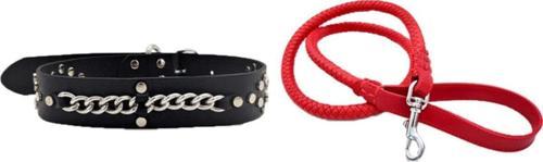 Kırmızı Deri Örgü Köpek Gezdirme Kayışı 90cm Ve Hakiki Deri Köpek Tasması 4x67cm 2li Set