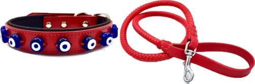 Kırmızı Deri Örgü Köpek Gezdirme 90cm Ve Hakiki Deri Nazar Boncuklu Köpek Tasması 56x2,5cm 2li Set