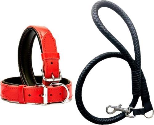 Siyah Deri Örgü Köpek Gezdirme Kayışı 90cm Ve Kırmızı Deri Köpek Tasması 2,5x56 Cm Toplam 2 Adet