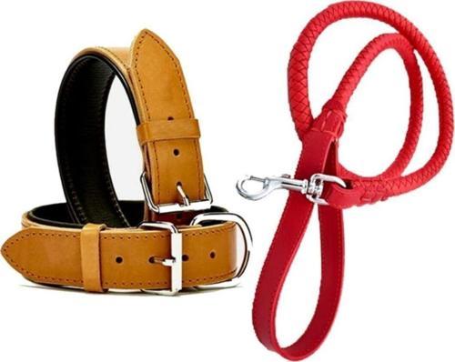 Kırmızı Deri Örgü Köpek Gezdirme Kayışı 90cm Ve Kahverengi Deri Köpek Tasması 2,5x56 Cm 2li Set
