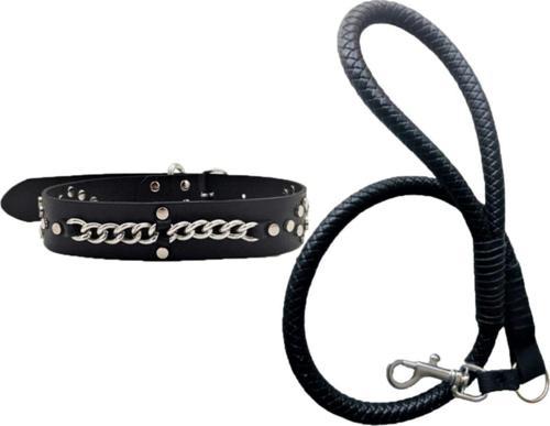 Siyah Deri Örgü Köpek Gezdirme Kayışı 90cm Ve Hakiki Deri Köpek Tasması 4x67cm 2li Set
