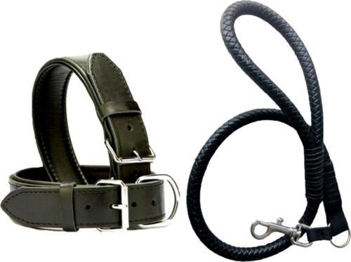 Siyah Deri Örgü Köpek Gezdirme Kayışı 90cm Ve Siyah Deri Köpek Tasması 2,5x56 Cm Toplam 2 Adet