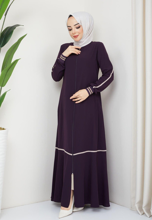 İmajbutik Mürdüm Kol Ribanalı Şeritli Medine Ipeği Ferace