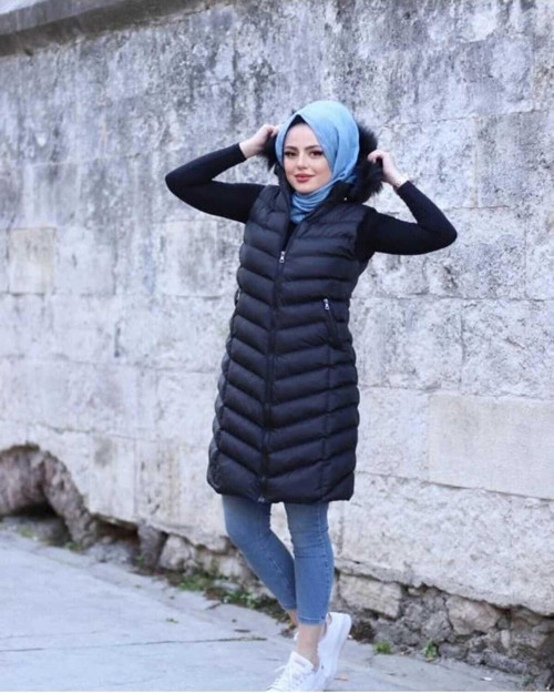 Kadın Uzun Boy Kürklü Kapüşonlu Yelek