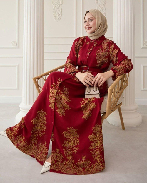 Gold Desenli Lacivert Viskon Elbise