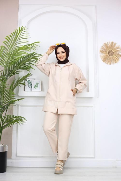 Kanguru Cepli İthal Double Kumaş Kapüşonlu Kadın Tesettür İkili Eşofman Takımı