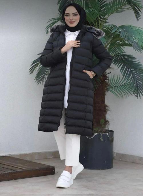 İmajbutik Siyah Kadın Modest Kapüşonlu Fermuarlı Tesettür Şişme Mont