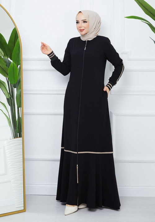 Moda Esre Fashıon Tesettür Giyim Medine Ipeği Siyah Ferace Krem Rengi Şeritli Kol Ribanalı