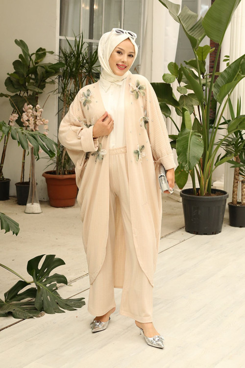 Çiçek Ve Inci Detaylı Uzun Hırkalı Jakar Kumaş Ikili Kimono Takım - 5068