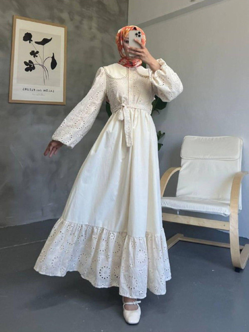 Kadın Bebe Yaka Kuşaklı Astarlı Fisto Uzun Tesettür Elbise