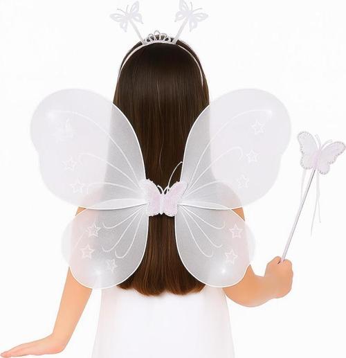 Nessiworld Beyaz Kelebek Kız Seti – 50 cm Kelebek Kanadı, Taç ve Asa