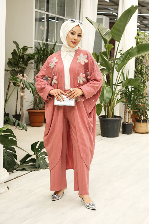 Çiçek Ve Inci Detaylı Uzun Hırkalı Jakar Kumaş Ikili Kimono Takım - 5068