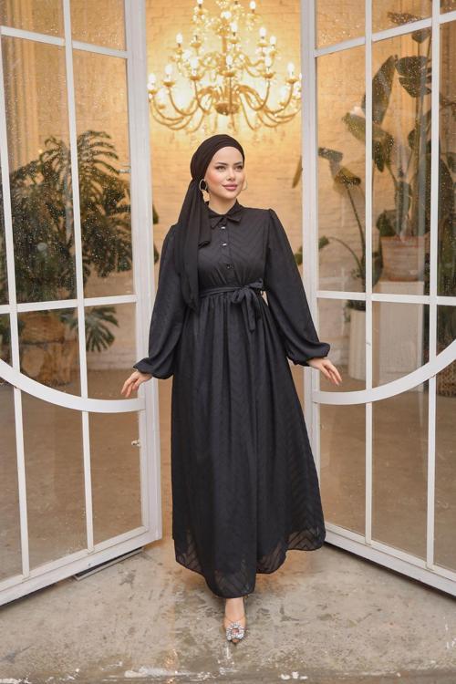 Kesme Şifon Boydan Astarlı Gömlek Yaka Uzun Kadın Balon Kol Tesettür Elbise