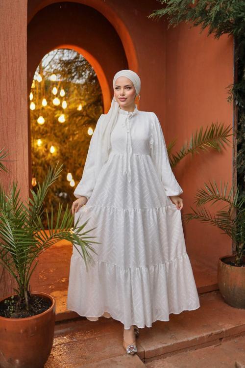 Kesme Şifon Boydan Astarlı Hakim Yaka Püsküllü Uzun Kadın Balon Kol Tesettür Elbise