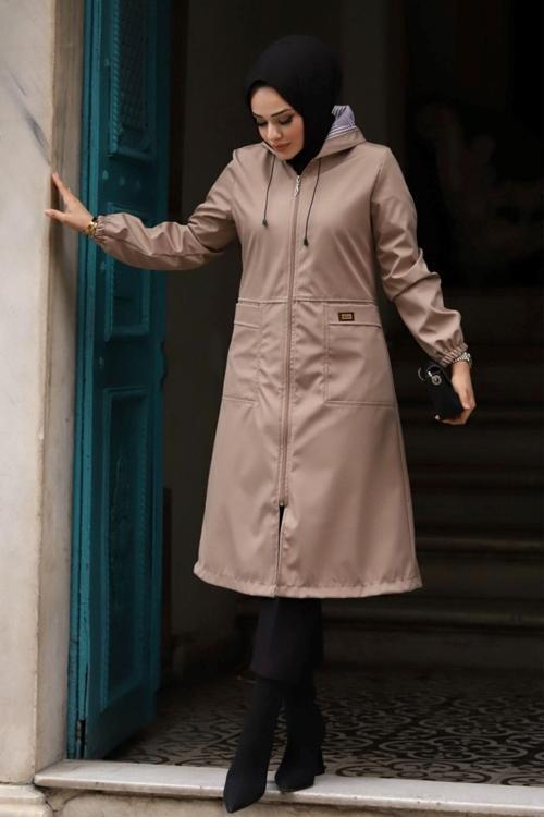 Kapüşonlu Fleto Cepli Çizgi Desenli Kadın Tesettür Trençkot