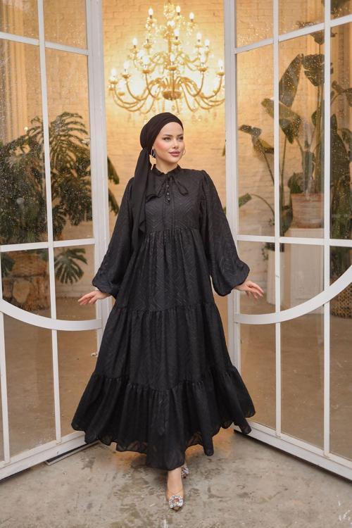 Kesme Şifon Boydan Astarlı Hakim Yaka Püsküllü Uzun Kadın Balon Kol Tesettür Elbise