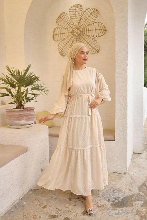 Kuşaklı Dantel Detaylı Kesme Şifon Boydan Astarlı Uzun Kadın Balon Kol Tesettür Elbise