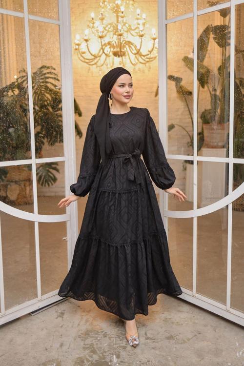 Kuşaklı Dantel Detaylı Kesme Şifon Boydan Astarlı Uzun Kadın Balon Kol Tesettür Elbise