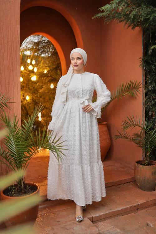 Güpürlü Kuşaklı Düğmeli Kesme Şifon Boydan Astarlı Uzun Kadın Büzgülü Fırfırlı Kol Tesettür Elbise