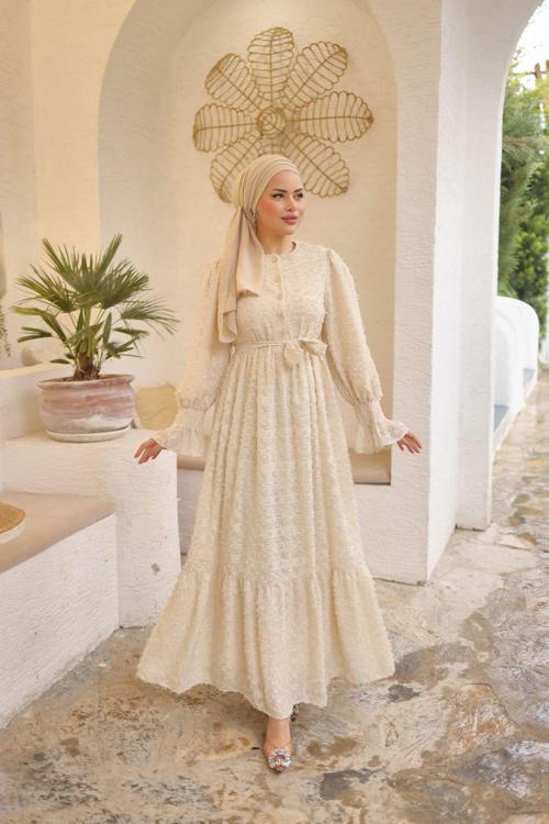 Güpürlü Kuşaklı Düğmeli Kesme Şifon Boydan Astarlı Uzun Kadın Büzgülü Fırfırlı Kol Tesettür Elbise