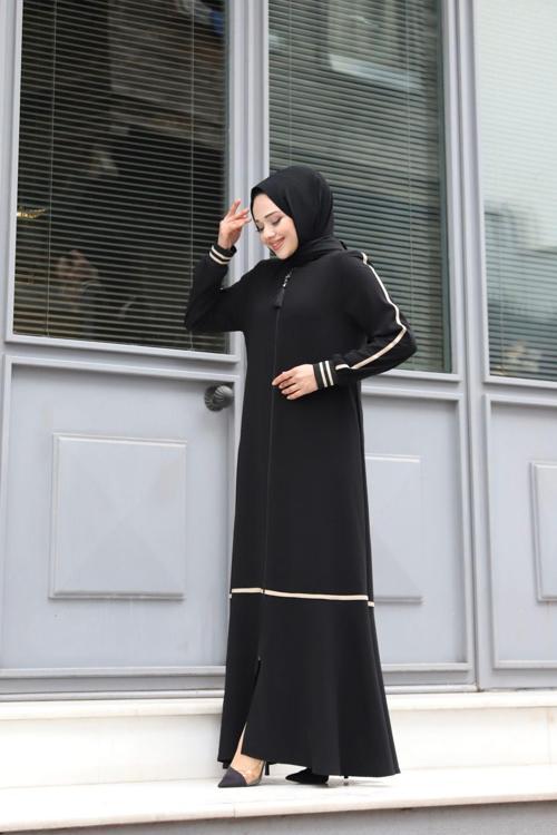 1. Kalite Rabia Krep Kumaş Krem Rengi Şeritli Kol Ribanalı Tesettür Giyim Kadın Ferace