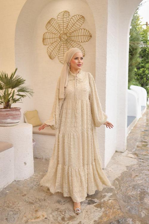 Güpürlü Püsküllü Hakim Yaka Düğmeli Kesme Şifon Boydan Astarlı Uzun Kadın Balon Kol Tesettür Elbise