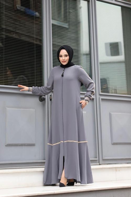 1. Kalite Rabia Krep Kumaş Krem Rengi Şeritli Kol Ribanalı Tesettür Giyim Kadın Ferace