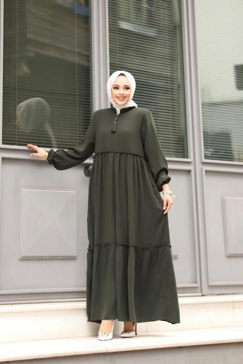 Rabia Krep Kumaş Tesettür Giyim Kadın Büzgülü Ferace