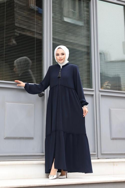 Rabia Krep Kumaş Tesettür Giyim Kadın Büzgülü Ferace