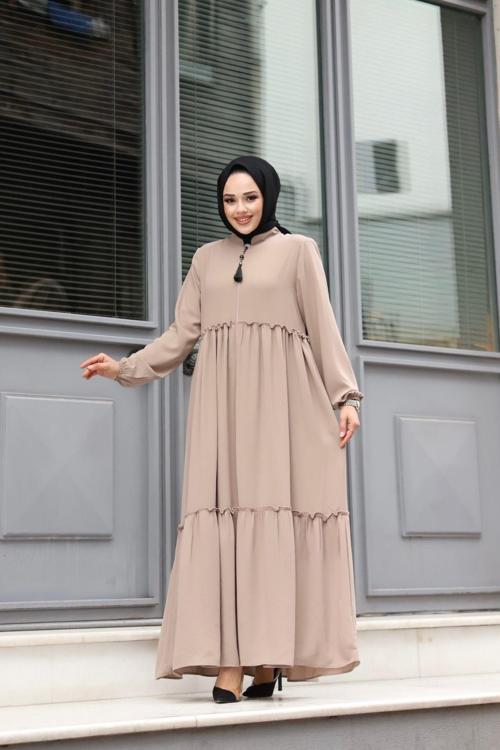 Rabia Krep Kumaş Tesettür Giyim Kadın Büzgülü Ferace