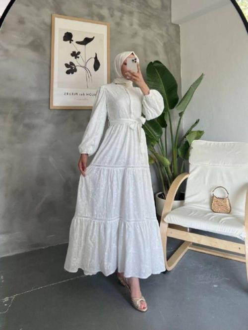 Kadın Dokulu Kuşaklı Astarlı Fisto Uzun Tesettür Elbise