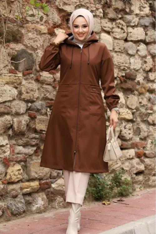 Kapüşonlu Fleto Cepli Çizgi Desenli Kadın Tesettür Trençkot