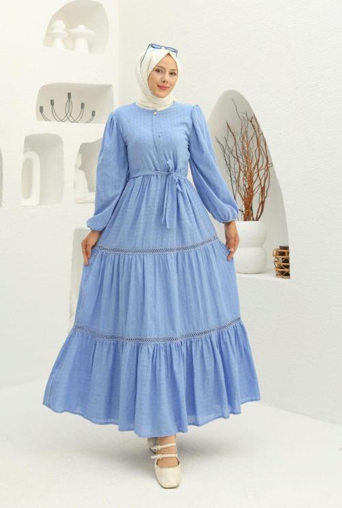 Kadın Dokulu Kuşaklı Astarlı Fisto Uzun Tesettür Elbise