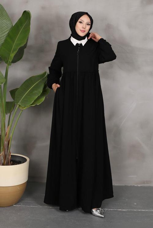 Büyük Beden Rabia Krep Kumaş Tesettür Giyim Kadın Büzgülü Ferace Siyah