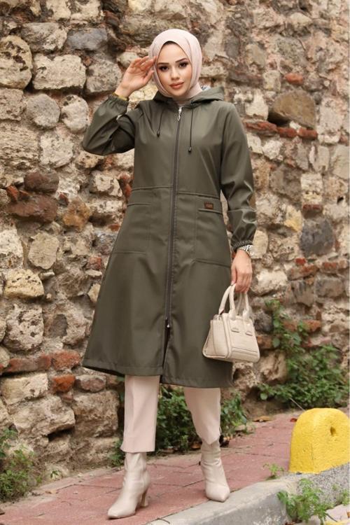 Kapüşonlu Fleto Cepli Çizgi Desenli Kadın Tesettür Trençkot