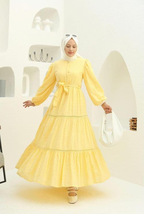 Kadın Dokulu Kuşaklı Astarlı Fisto Uzun Tesettür Elbise