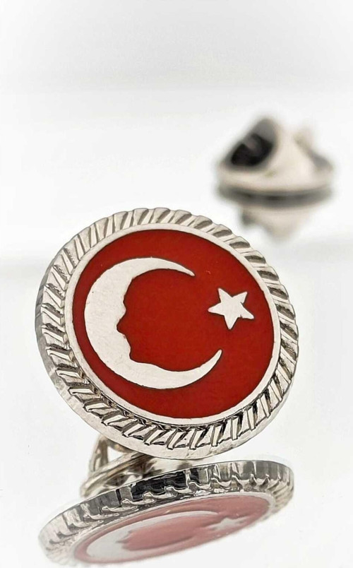 Türk Bayrağı Atatürk Siluetli Gümüş Mineli Yaka Rozeti