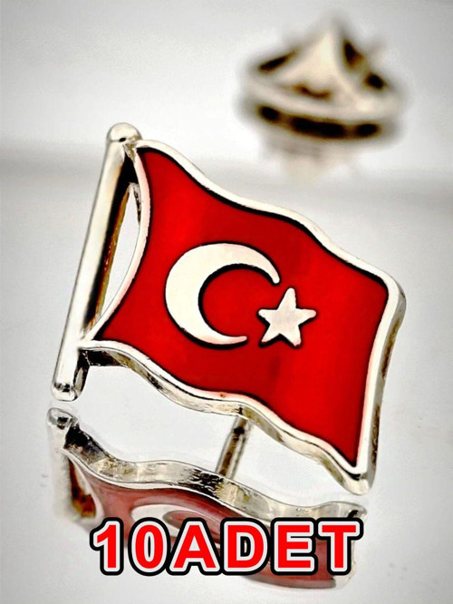 10 Adet Türk Bayrağı Güümüş Yaka Rozeti 3D(3 Boyutlu Dalgalı)