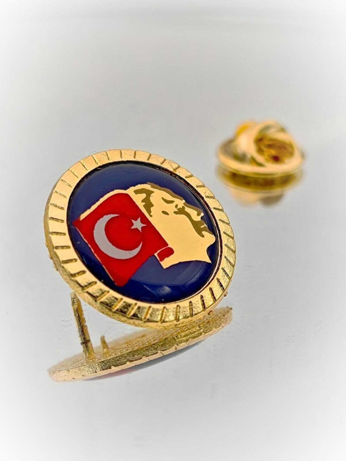 Türk Bayrağı Atatürk Mineli Çift İğneli Yaka Rozeti