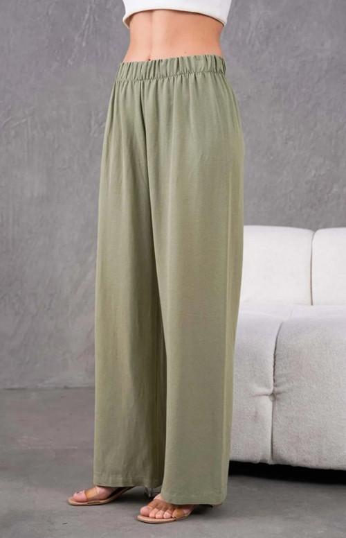 Kadın Keten Beli Lastikli Rahat Bol Paça Pantalon