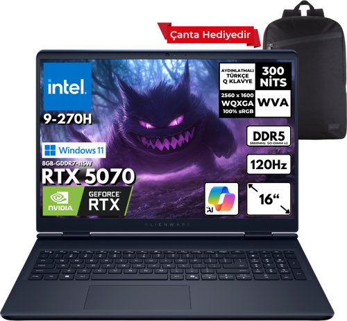 Alienware 16 Aurora intel 9-270H 48-GBDDR5 2 TBSSD RTX5070 (8GB-115W-GDDR7) 16" 2K WQXGA 120Hz Windows 11 Home + HMF Sırt Çantası AC16250-C932157WHMF7