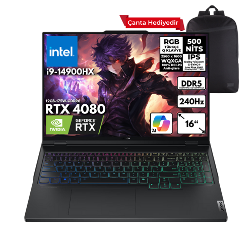 Legion Pro 7 i9-14900HX 48-GBDDR5 2 TBSSD RTX4080 (12GB-175W-GDDR6) 16" 240Hz WQXGA Windows 10 Home + HMF Sırt Çantası 83DE0086TRHMF55