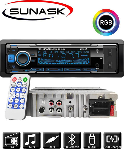 Sunaks Sunask Sn-306Bt Çift Usb Girişli Bluetooth Oto Teyp Araba Teybi Radyo Sd Aux Teyp Çift Amfi Çıkışlı