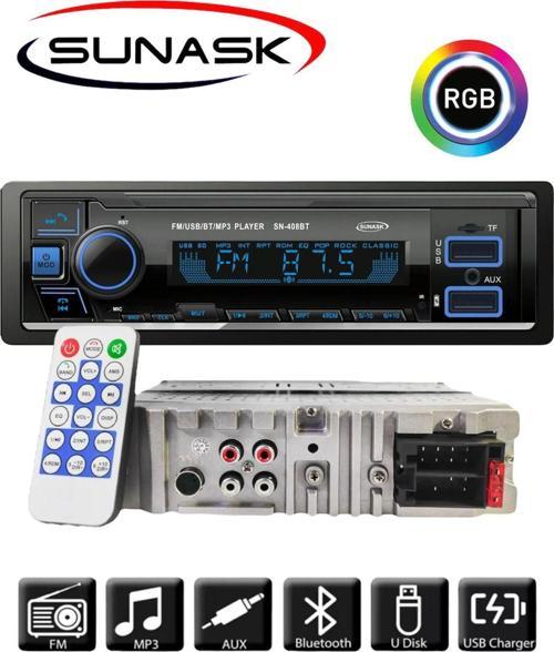 Sn-408Bt Çift Usb Girişli Bluetoothlu Radyo Usb Sd Aux Oto Teyp Kumandalı Rgb Tuş Işığı