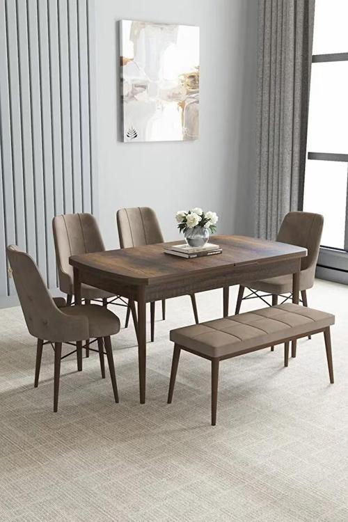Loft Barok Desen 80x132 Açılabilir Mdf Masa Yemek Odası Takımı, Mutfak Takımı 4 Sandalye, 1 Bench