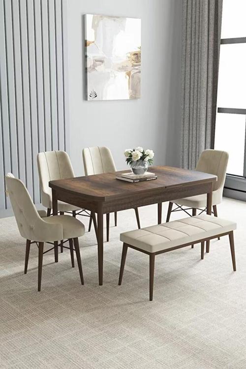 Loft Barok Desen 80x132 Açılabilir Mdf Masa Yemek Odası Takımı, Mutfak Takımı 4 Sandalye, 1 Bench